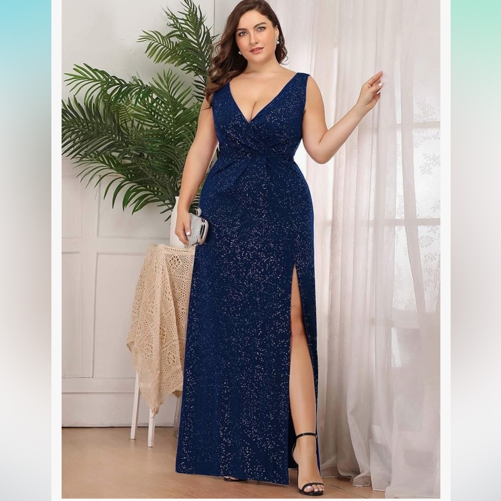 Navy V-Neck Gown with Sparkles